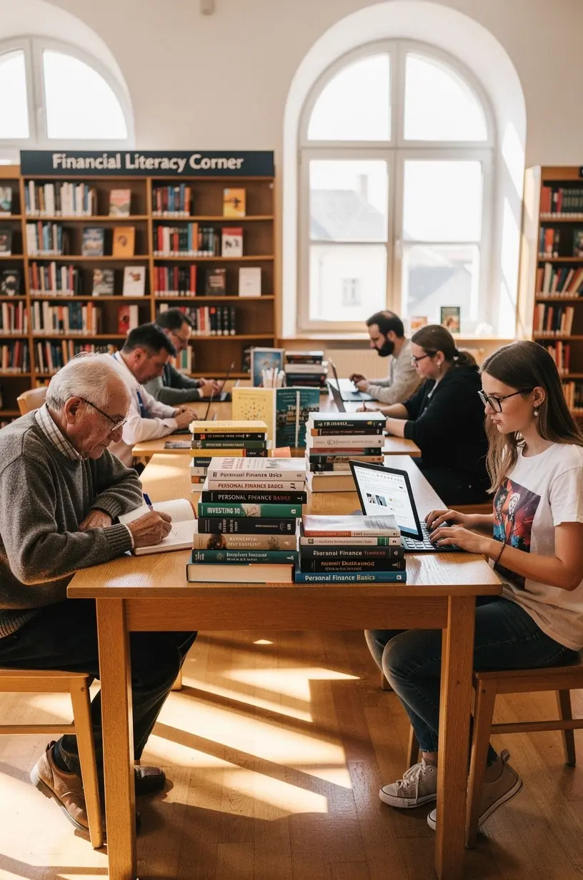 Knihy o osobních financích uspořádané na stole vedle poznámkového bloku